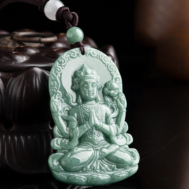 Avalokitesvara Jade Necklace Four-Armed Amulet Blessing 45cm – double-sided deity carving, reversible sacred art necklace