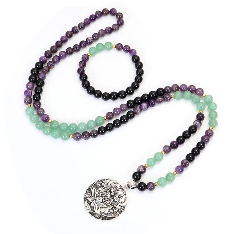 Amethyst Aventurine Lotus Mala - Necklace bracelet set with lotus medallion, 86cm length, spiritual jewelry