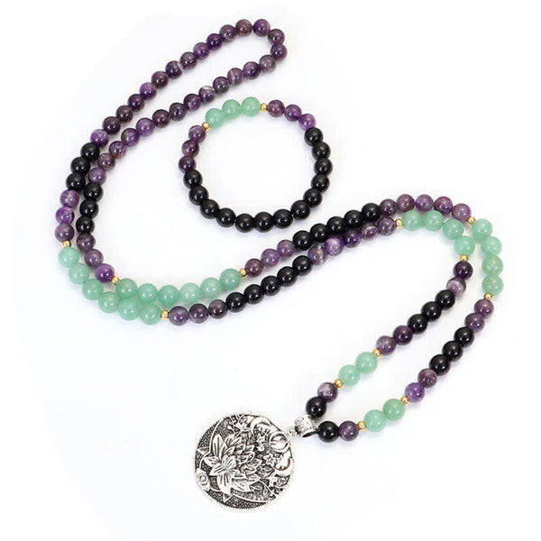 Amethyst Aventurine Lotus Mala - Necklace bracelet set with lotus medallion, 86cm length, spiritual jewelry