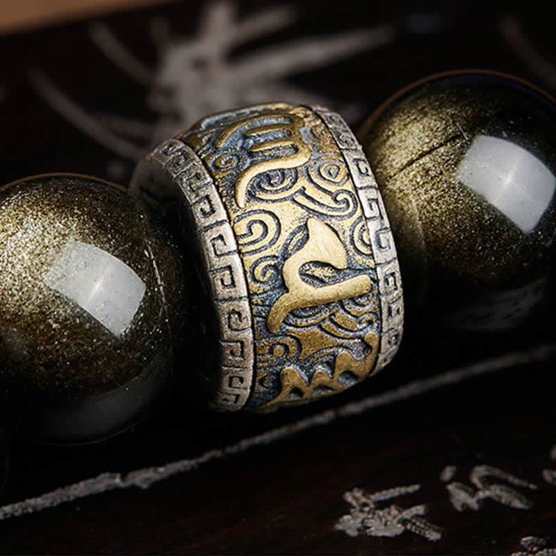 Gold Sheen Obsidian Pixiu Bracelet – macro bronze mantra bead with om mani padme hum engraving between obsidian