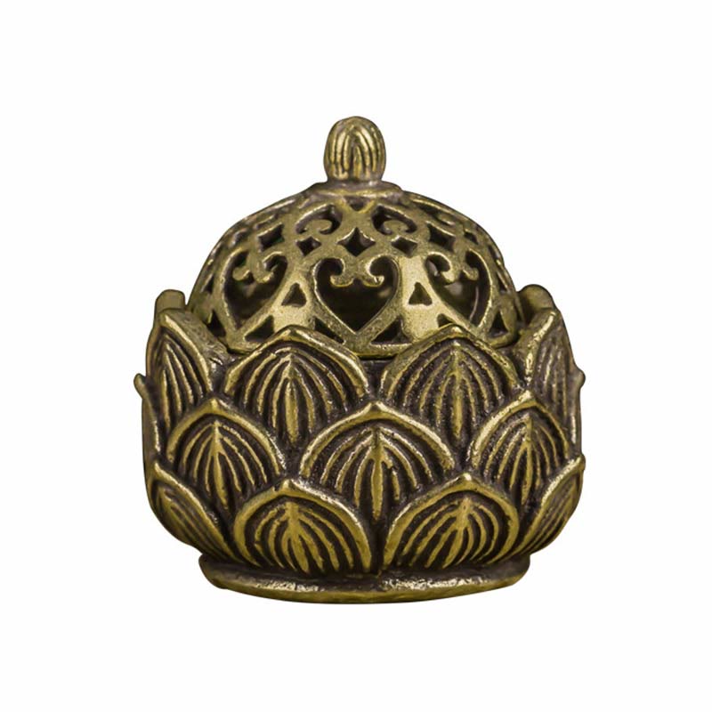 Tibetan Lotus Copper Mini Incense Burner – Full assembled view, brass petals and pierced lid