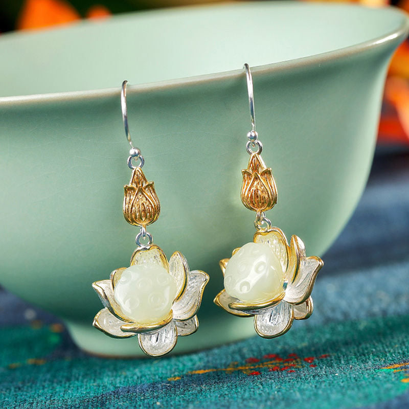 White Jade Lotus Drop Earrings