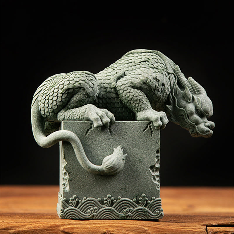 Feng Shui Dragon Sandstone Statue three-angle view of crouching dragon, 16cm specs, wave base, guardian