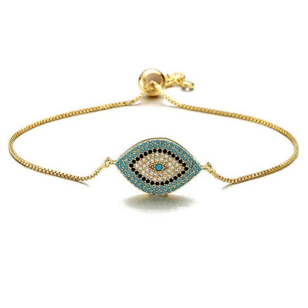 Evil Eye Healing Bracelet – Gold tone chain bracelet with turquoise evil eye pendant on white background