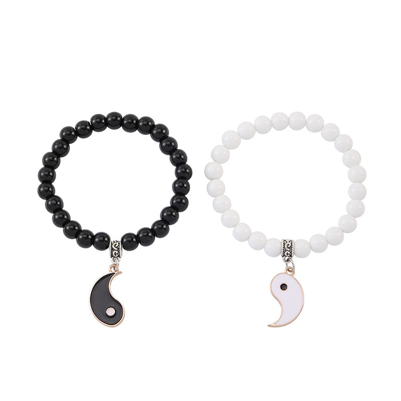 Yin Yang Protection Couple Bracelet - Black and white stone bead bracelets with gold-toned yin-yang charms, spiritual coup...