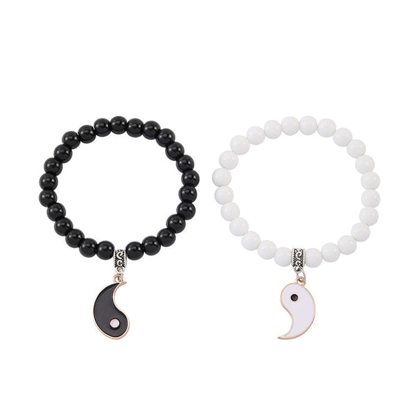 Yin Yang Protection Couple Bracelet - Black and white stone bead bracelets with gold-toned yin-yang charms, spiritual coup...