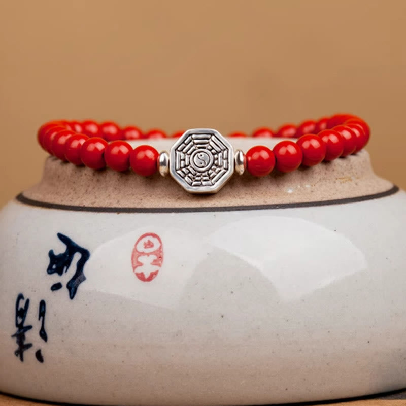 925 Sterling Silver Yin Yang Bagua Cinnabar Bracelet – Red beads with Bagua charm on ceramic stand, Chinese characters
