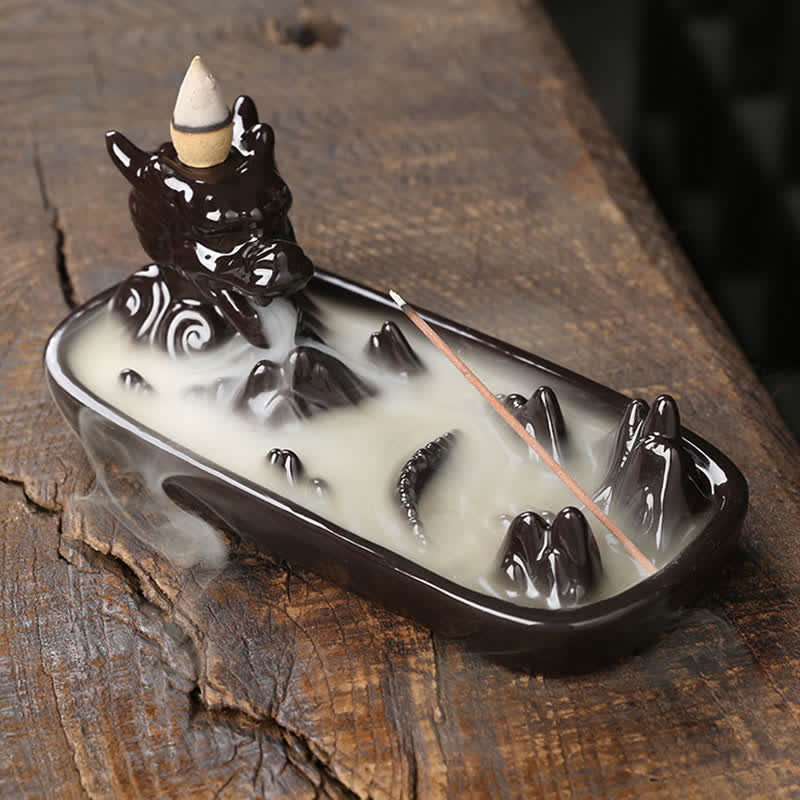 Black Ceramic Dragon Burner - glossy glaze mountain peaks oval basin, sleek, feng shui