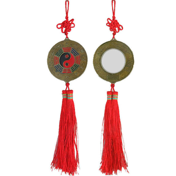 Feng Shui Bagua Map Mirror - Bagua mirror ornament with yin-yang symbol, red silk tassel and decorative knot, front and back.