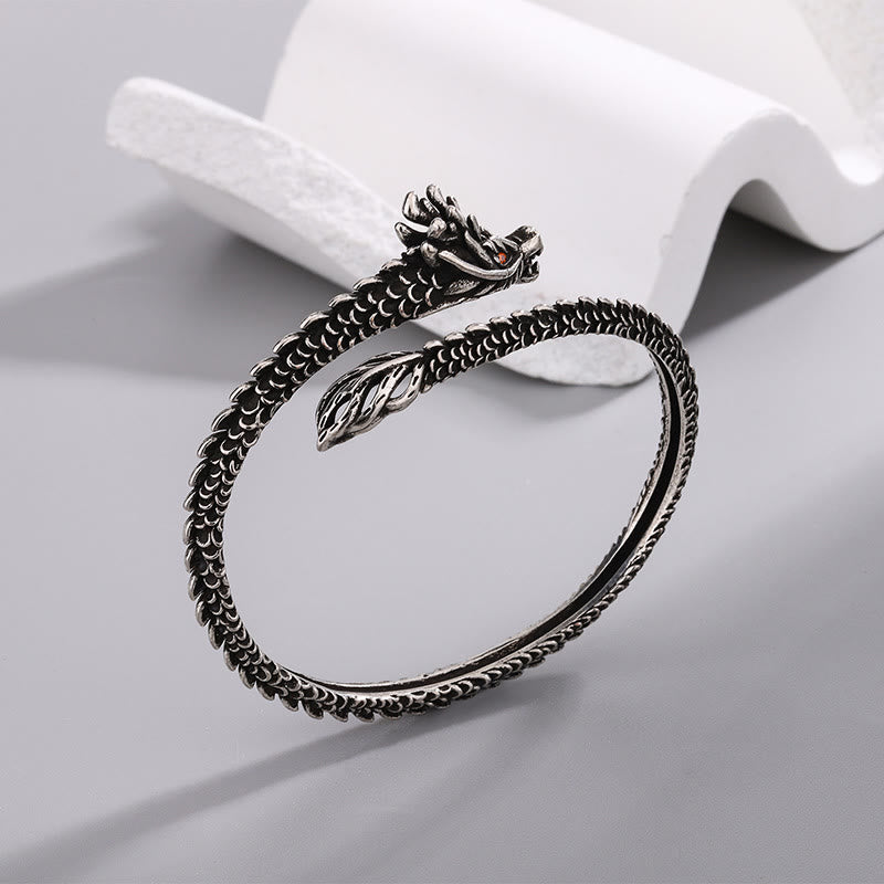 Dragon Scales Pattern Protection Bracelet Bangle - Antiqued silver cuff inner rope detail, Artisan Finish