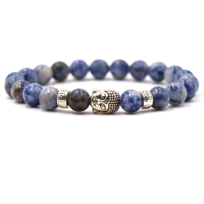 Purple Agate Tiger Eye Buddha Bracelet – blue lapis beads, silver Buddha head front view – front, serenity