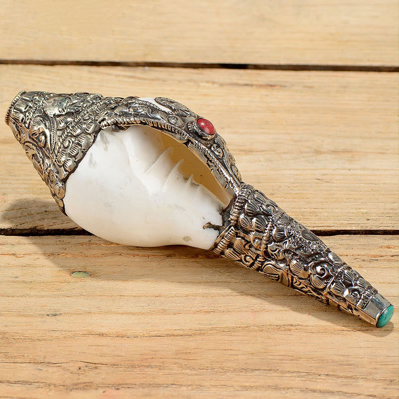 Tibetan Shankha Conch Shell Decoration – Conch on light wood with foliage, silver bands, lotus medallion, turquoise, Peaceful