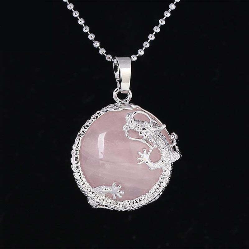Dragon Multi-Stone Crystal Healing Pendant – Rose quartz dragon with filigree border, loving