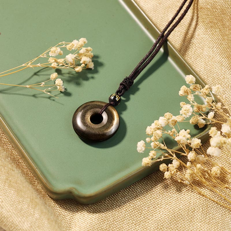 Obsidian Protection Set – golden obsidian donut pendant green tray, protection amulet necklace