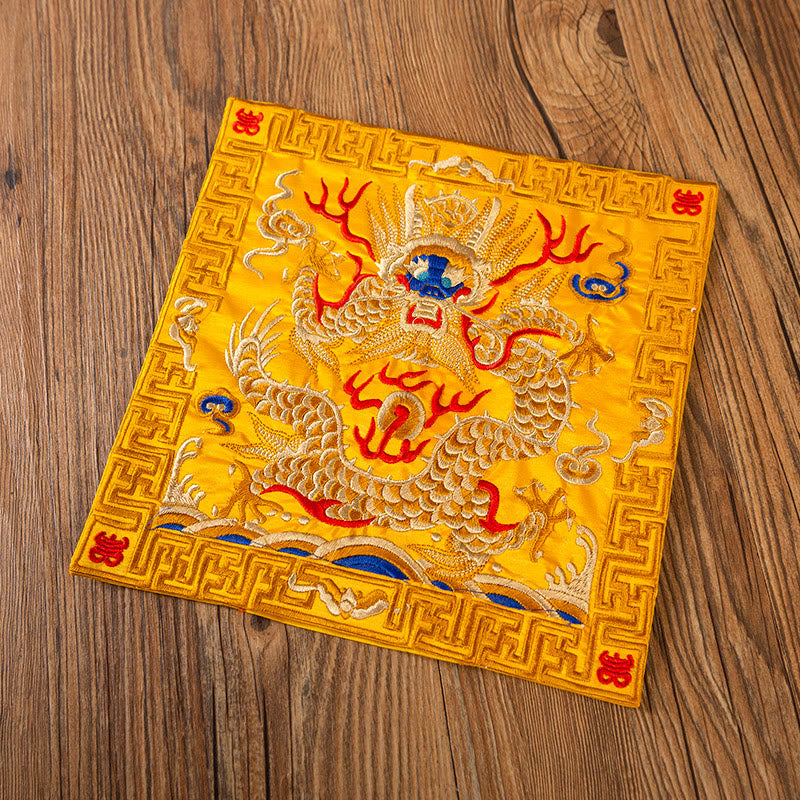 Phoenix Dragon Kirin Embroidery Tea Cup Mat - Yellow base gold dragon double happiness, Celebration Mat