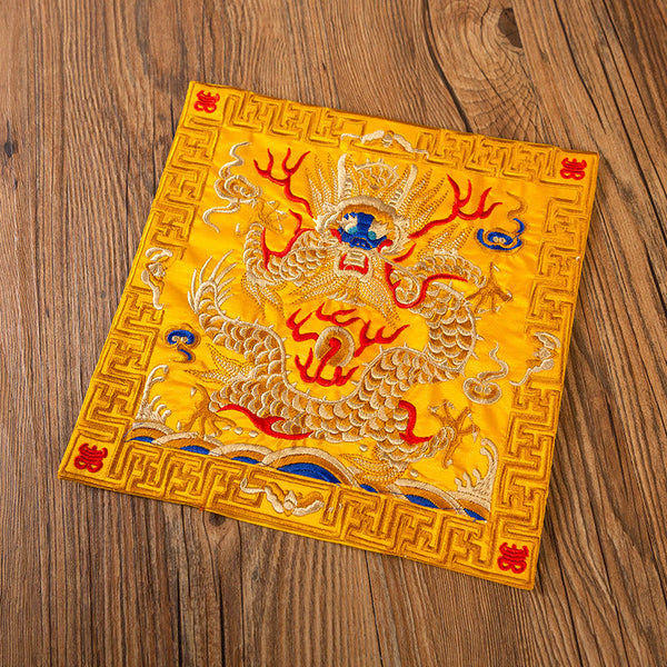 Phoenix Dragon Kirin Embroidery Tea Cup Mat - Yellow base gold dragon double happiness, Celebration Mat