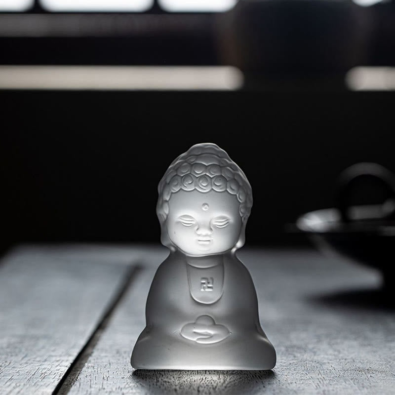Mini Tathagata Buddha Liuli Serenity Desk Decoration – Dharma wheel robe detail, traditional icon craft