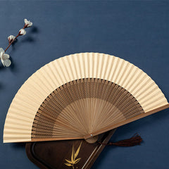 Lotus Dragonfly Wild Geese Silk Bamboo Folding Fan - plain cream fan face with pierced lattice bamboo ribs, elegant craft