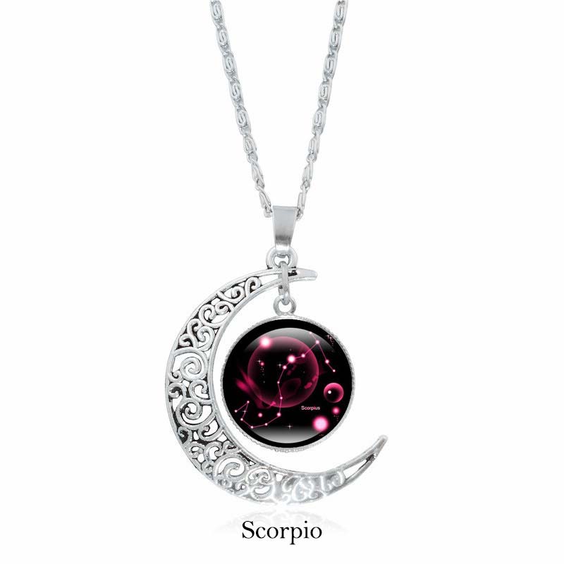 Zodiac Moon Protection Copper Necklace - Silver crescent moon with Scorpio constellation cabochon in deep magenta-pink on black cosmic background with rope chain