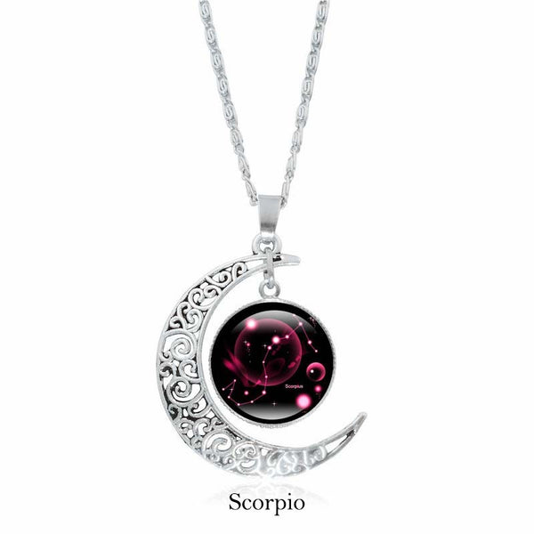 Zodiac Moon Protection Copper Necklace - Silver crescent moon with Scorpio constellation cabochon in deep magenta-pink on black cosmic background with rope chain