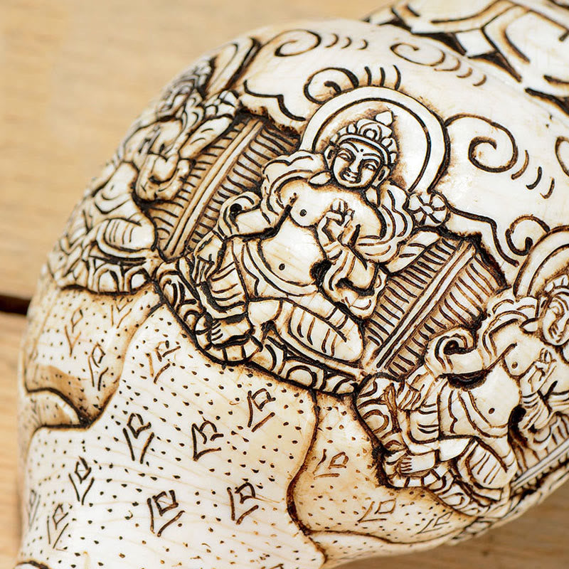 Engraved Shankha Wealth Conch – on marble surface with tea set, refined living room Buddha accent