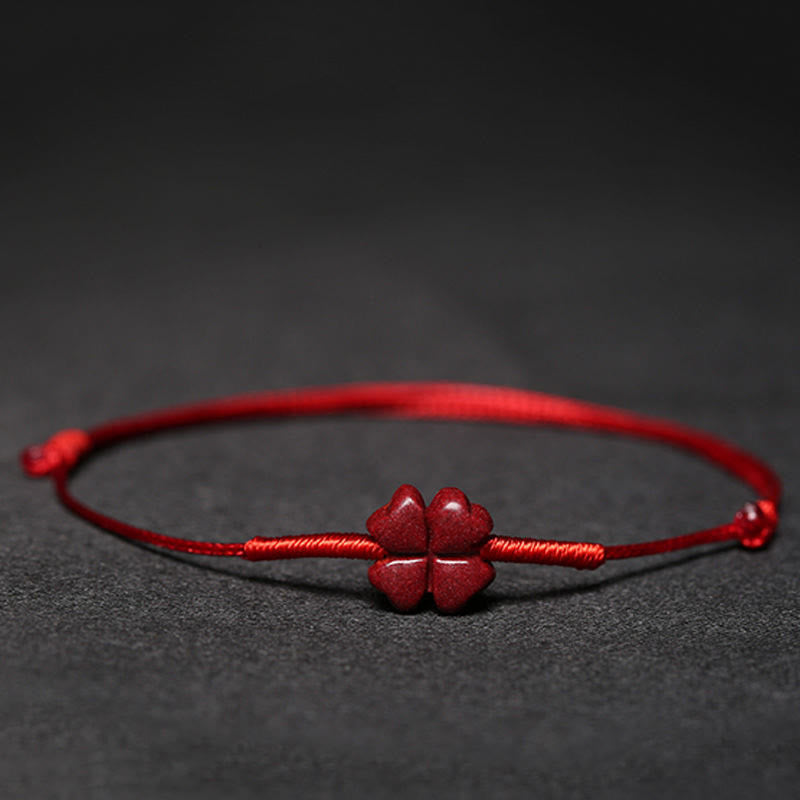 Cinnabar PiXiu Lotus Koi Fish Blessing Braid Bracelet – four-leaf clover cinnabar charm on red cord, good luck fortune amulet bracelet