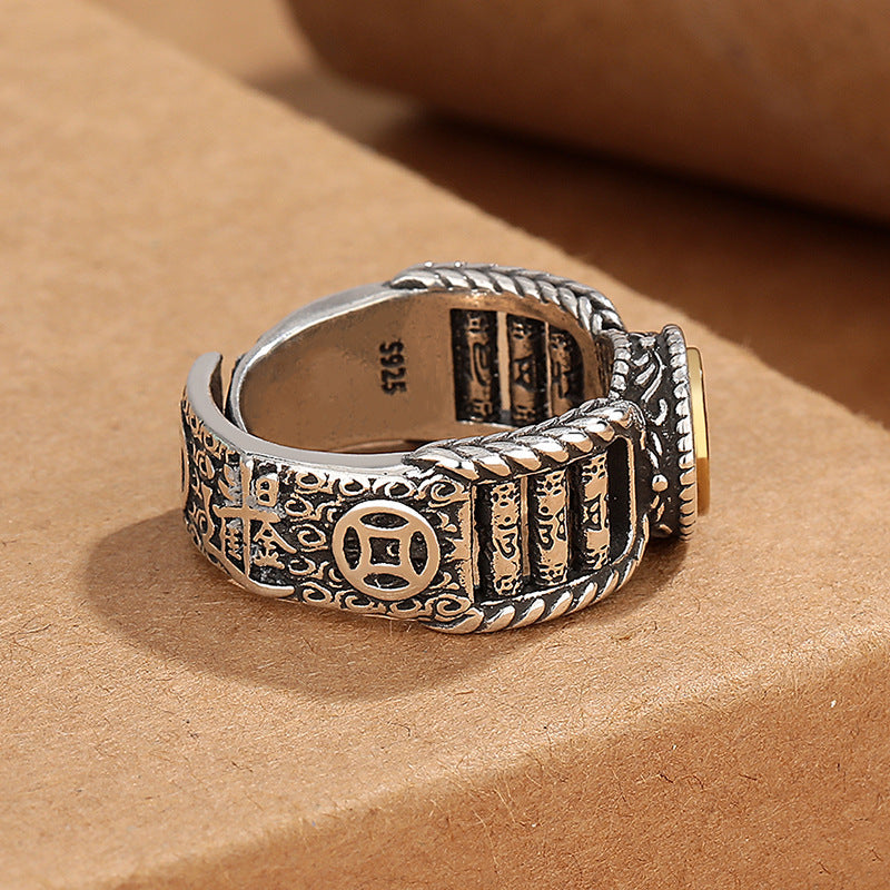Om Mani Padme Hum Copper Ring – Side angle showing engraved band and coin, men's ring