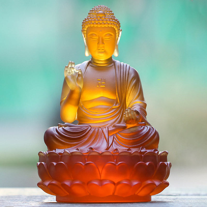 Sakyamuni Buddha Liuli Crystal Statue – Robe draped over shoulder in fine detail, temple piece