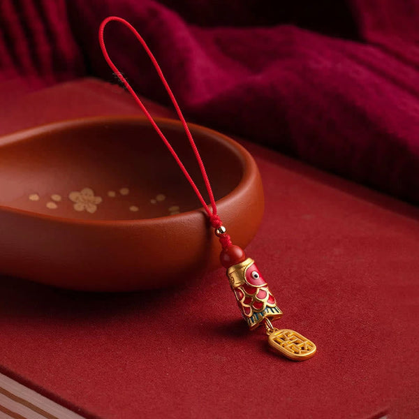 Koi Fish Cinnabar Ruyi Phone Charm – koi fish cinnabar bead with ruyi knot and gold-tone chain, wealth phone decor