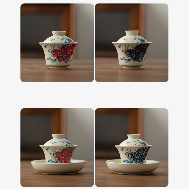 Koi Sancai Teacup – final beauty shot with steam and shadow, gaiwan 130ml