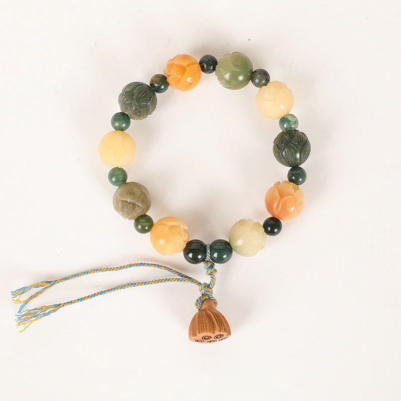 Bodhi Seed Moss Agate Lotus Peace Bracelet - full flat lay on white, green spacers, harmony