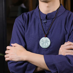 Chinese Zodiac Dragon Jade Amulet Necklace - worn with traditional mandarin collar outfit, prosperity charm
