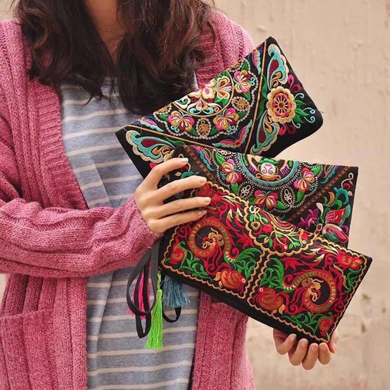 Dragon Butterfly Embroidery Wallet - Three fanned clutches with floral embroidery, Bohemian