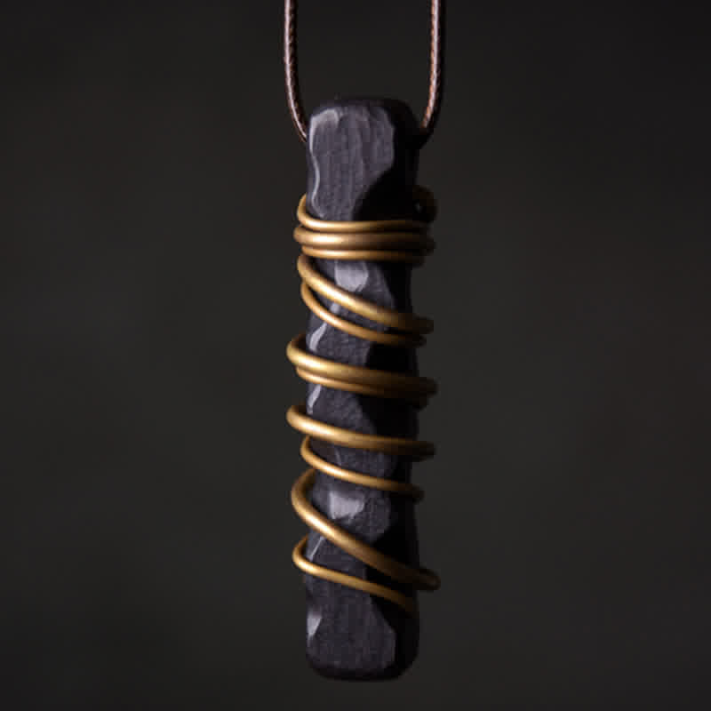 Ebony Wood Pendant Necklace – Wire wrapped dark stone on brown cord, artisan zen jewelry