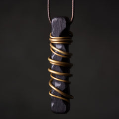 Ebony Wood Pendant Necklace – Wire wrapped dark stone on brown cord, artisan zen jewelry