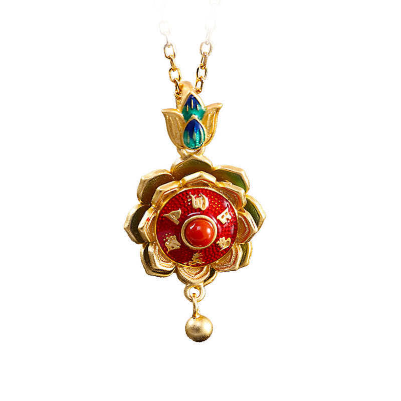 Lotus Mantra Pendant – six sacred characters around red agate center, spiritual protection