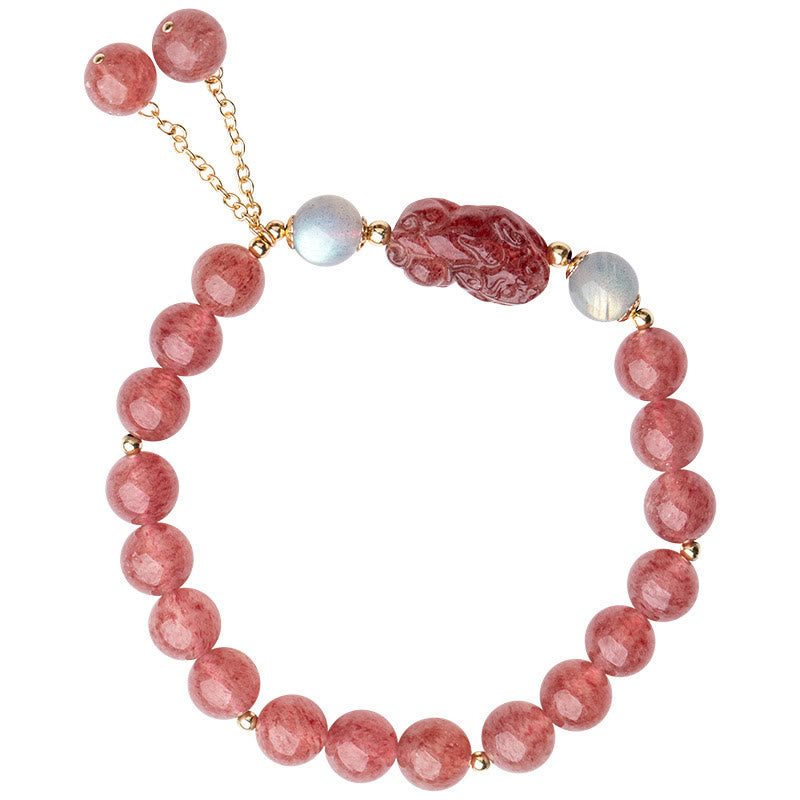 Strawberry Quartz Moonstone Bracelet – full bracelet white background, pink beads moonstone gold, love luck
