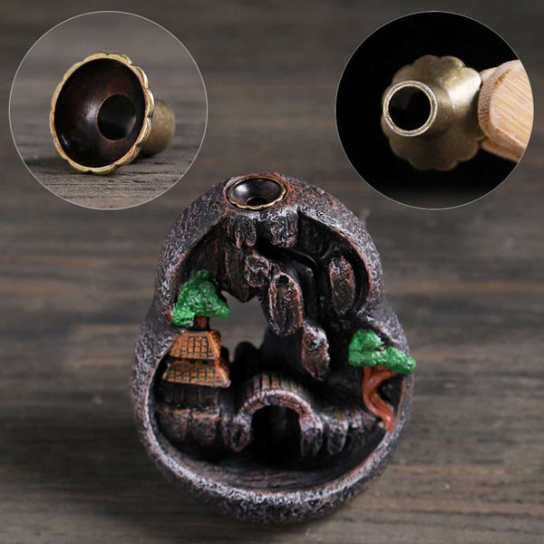 Resin Backflow Incense Burner – Brass holder detail on stone peak with miniature bridge and trees, incense accessories