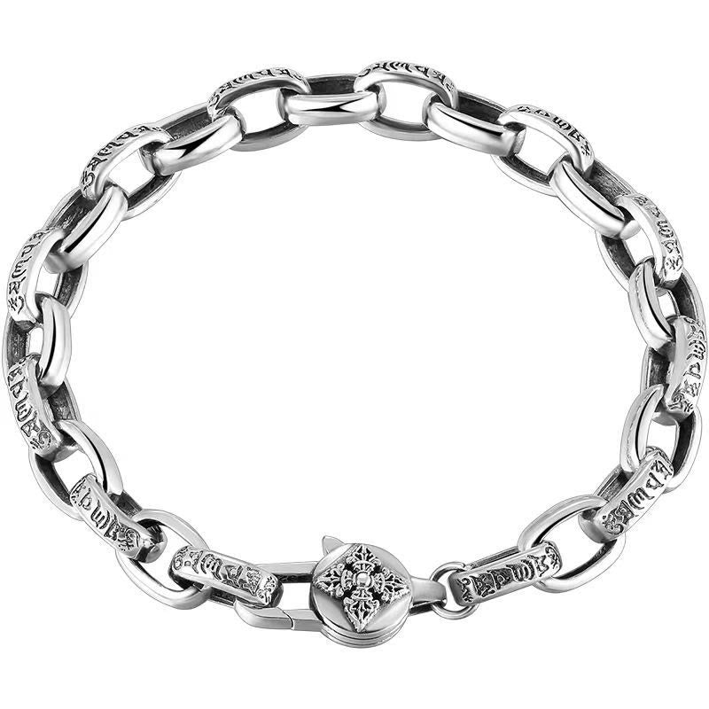 Double Dorje Wisdom Bracelet - Top-down view showing compass rose clasp, oxidized silver chain bracelet
