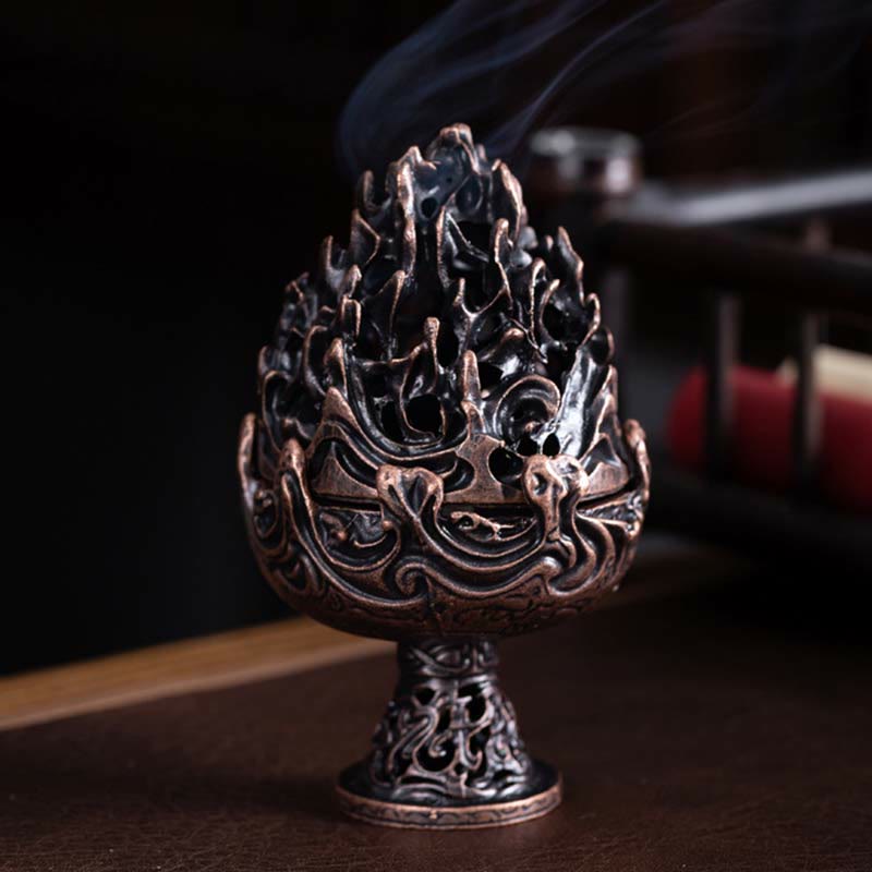 Smoking Bronze Censer Lifestyle – Low angle on dark wood with traditional room bokeh, smoke wisps from pierced mountain lid