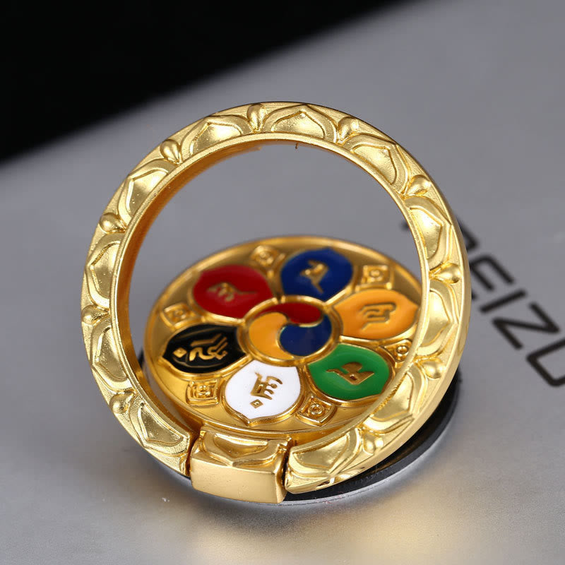 Om Mani Padme Hum Phone Ring Holder – Gold ring with six-color enamel mantra design, spiritual phone accessory Main image