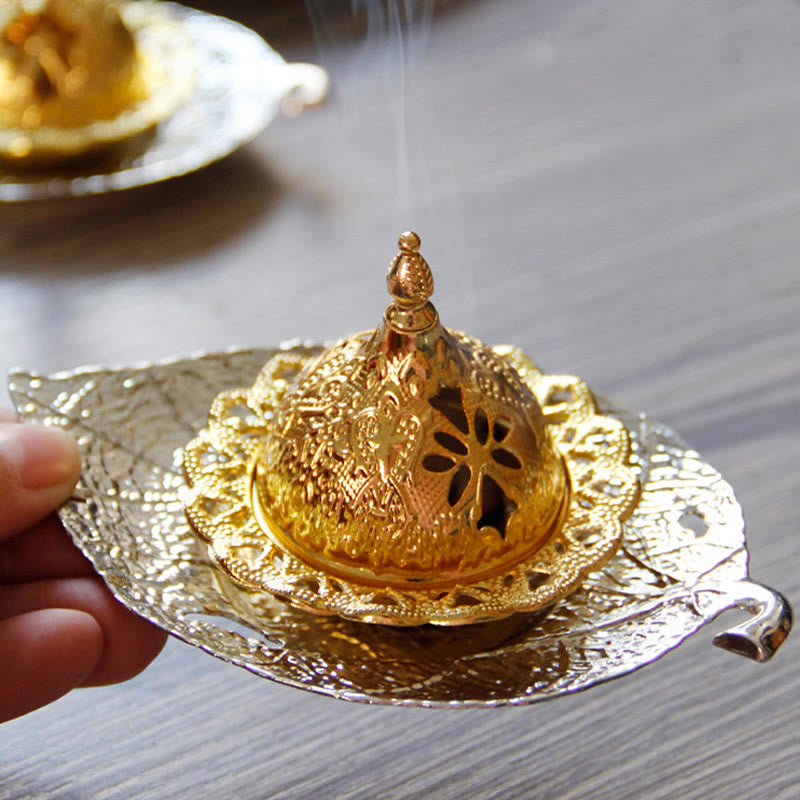 Tibetan Gold Leaf Coaster Incense Burner – Gold dome with silver leaf base and smoke wisp, two-tone brass incense holder