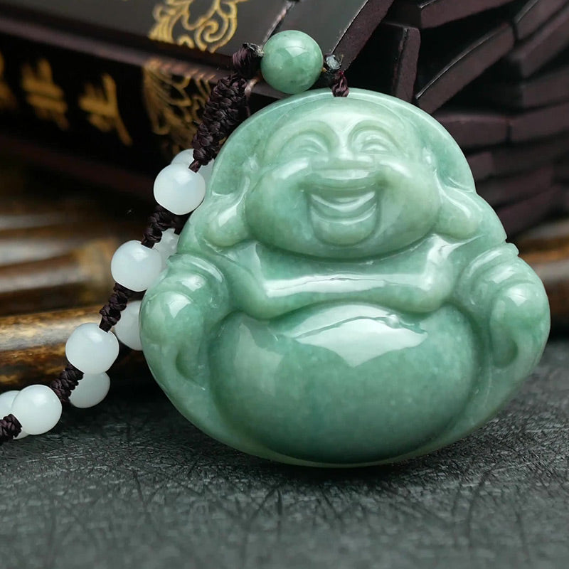 Laughing Buddha Cyan Jade Harmony Necklace – Round beaded cyan jade strand with central Hotei pendant, wellness accessory