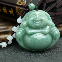 Laughing Buddha Cyan Jade Harmony Necklace – Round beaded cyan jade strand with central Hotei pendant, wellness accessory