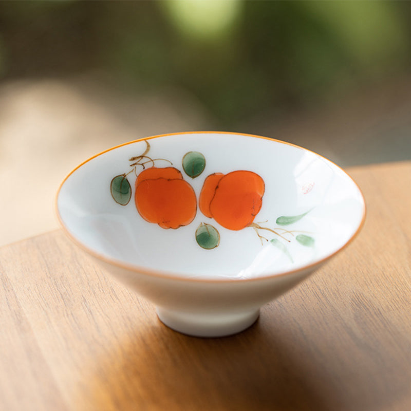 Mandala Koi Teacup – Angled view of lotus and mountain scene, oriental art cup