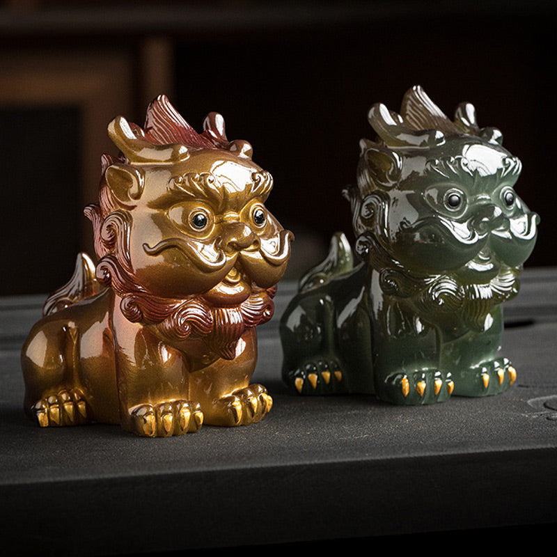 Small PiXiu Tea Pet – Gold and green PiXiu pair side by side on black stone tray, companion set
