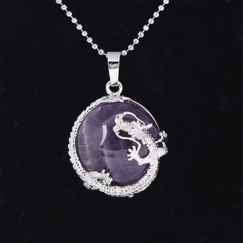 Dragon Multi-Stone Crystal Healing Pendant – Amethyst dragon wrap on black, spiritual awareness