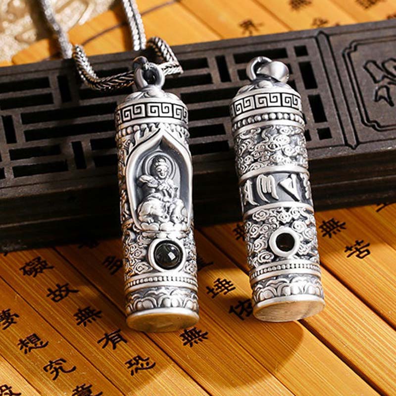 Chinese Zodiac Natal Buddha Projection Necklace – Dual view showing deity on lion mount and Sanskrit side, Manjushri wisdom