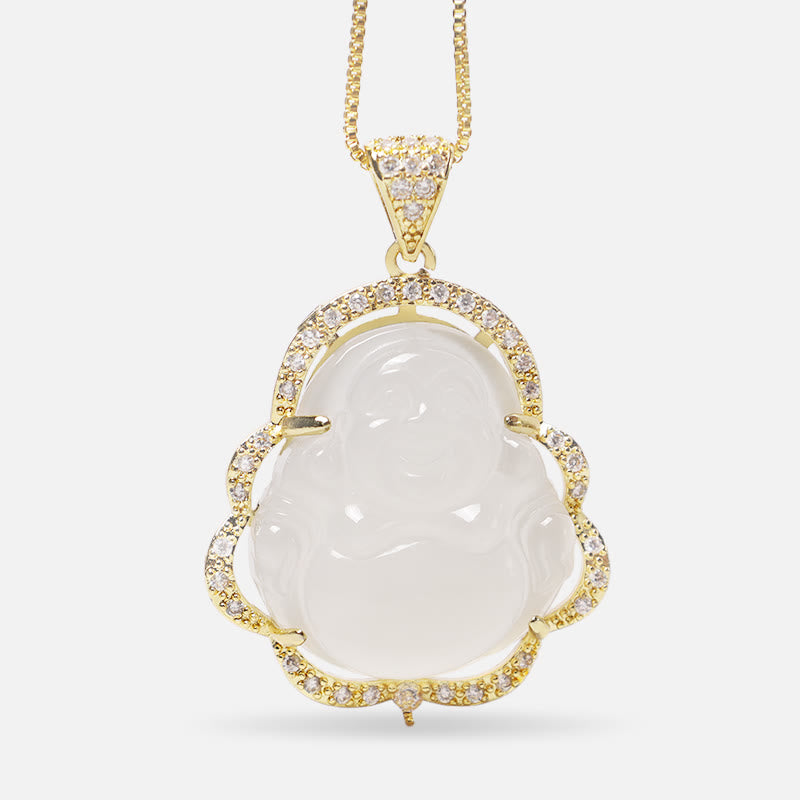 Jade Laughing Buddha Luck Necklace – white jade laughing Buddha in gold diamond halo with gold chain, front-view purity