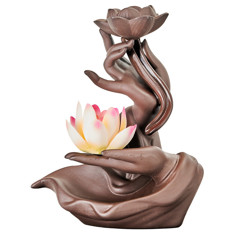 Lotus Bergamot Incense Burner – White background dual-hand sculpture with painted lotus, meditation
